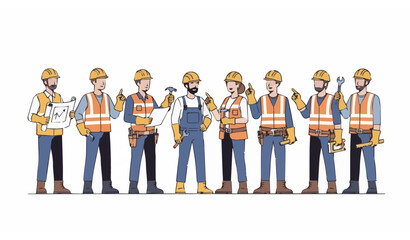 Fototapeta premium Diverse Group of Construction Workers and Engineers in Safety Vests and Hard Hats