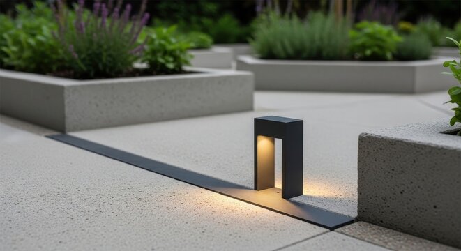Modern dark grey composite pathway light illuminating a contemporary garden landscape in subtle, warm glow.