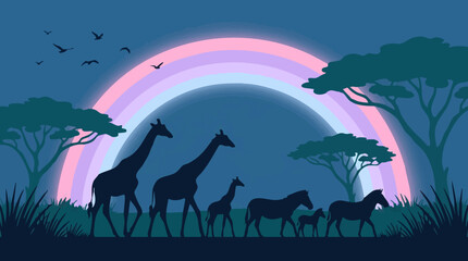 Fototapeta premium African safari animals silhouettes walking under a pastel rainbow