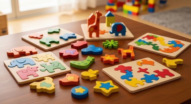 Assortment of colorful wooden animal and shape puzzles for children's educational play