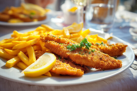 Crispy fried fish and french fries on plate seaside restaurant natural light commercial food photography