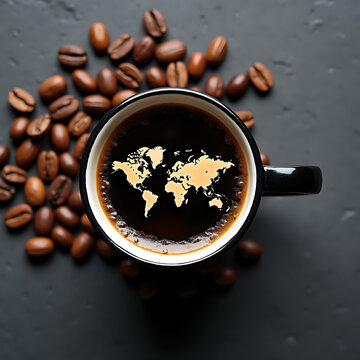 Global Coffee Cup with World Map Foam Art and Scattered Beans