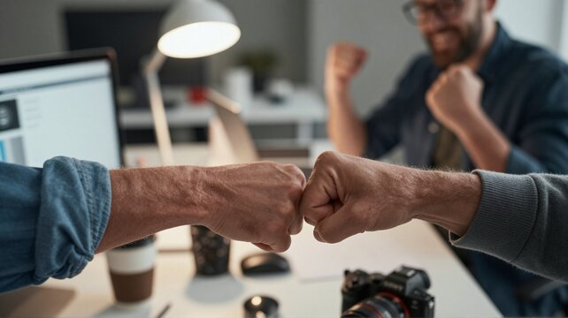 Two colleagues fist bumping in a modern office, celebrating a successful project, teamwork and collaboration