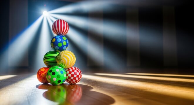 Brightly Patterned Juggling Balls Stacked in a Pyramid under Dramatic Stage Spotlights on a Wooden Floor