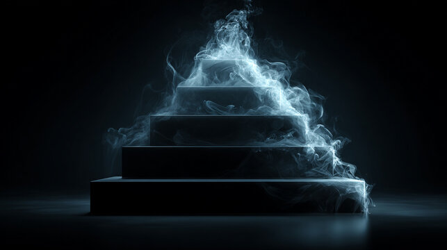 Mysterious glowing blue ethereal smoke swirling around a dark geometric pyramid staircase structure against a stark black background creating an abstract mystical and atmospheric