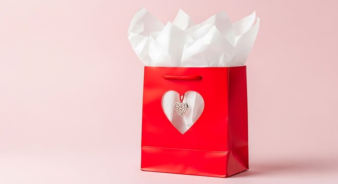 A red gift box with a heart-shaped cutout and white tissue paper inside. isolated on white background