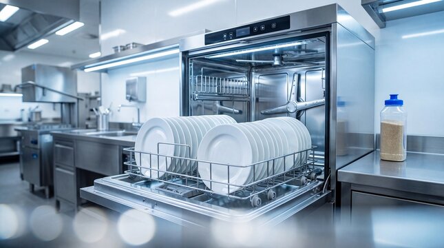 Dishes drying in dishwasher in commercial kitchen