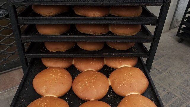 Close-up view of freshly baked traditional Moroccan bread arranged on metal trays in a bakery. The round loaves with golden-brown crust and sesame seeds 