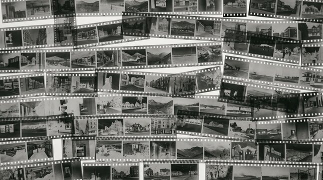 Dense vintage black and white film strip collage with old photographic negatives and archival cinema frames background