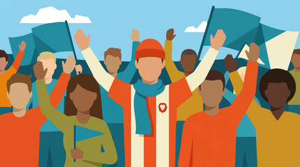 Obraz premium Flat illustration of a diverse crowd cheering with flags and raised arms.