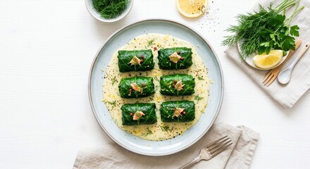 Gołąbki z łososiem. Delikatne, zielone gołąbki ułożone na sosie cytrynowo-koperkowym. Jasna, pastelowa aranżacja, białe tło, świeże zioła obok. Zdjęcie typu 