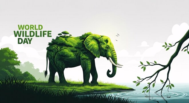 Green elephant on grassy bank world wildlife conservation concept
