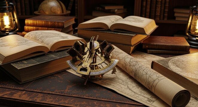 Antique brass astrolabe and historical maps on a wooden desk surrounded by vintage books, representing scientific discovery and exploration.
