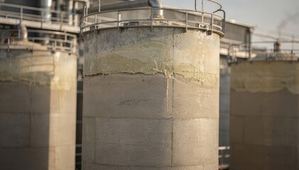 Obraz premium Medium shot highlighting storage silos filled with recycled sand and wax materials central silo in crisp focus while peripheral elements remain soft.