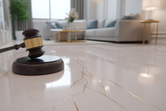 Wooden gavel rests on marble floor in modern living room. Real estate auction, bidding process, property investment concept
