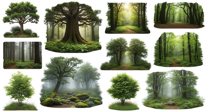forest landscapes, collection of lush forests capes with green trees and shrubs, isolated on transparent backgroun