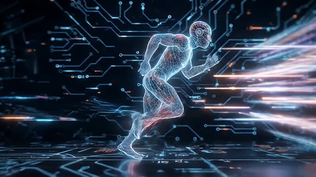 This video depicts a futuristic wireframe runner sprinting against a dark background with motion streaks.