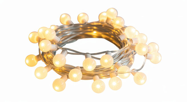 Coiled string of warm white led fairy lights glowing on a plain white background