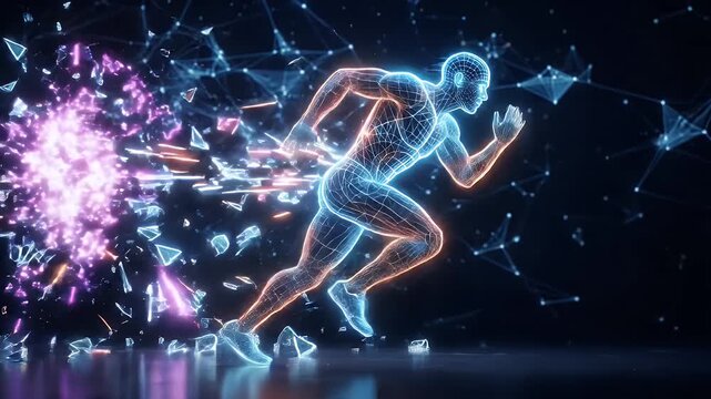 A wireframe digital runner explodes into motion, surrounded by light bursts and shattered glass fragments, set against a dark background.