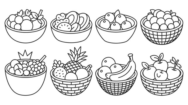 Assorted fresh fruit bowls and baskets line art collection with pineapple collection illustration vitamins