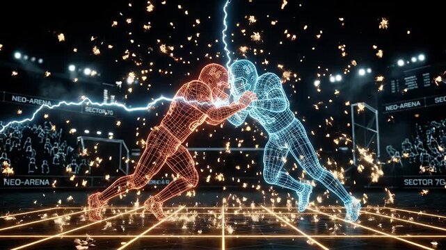 Two wireframe football players collide with energy sparks in a futuristic stadium setting. The players are outlined in red and blue and the stadium is full of spectators.