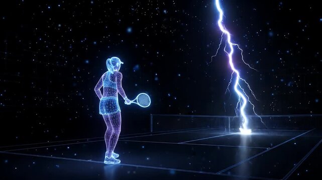 A futuristic wireframe of a tennis player serves the ball with an energetic arc effect. The tennis court and net are also presented in wireframe style against a dark starry background.
