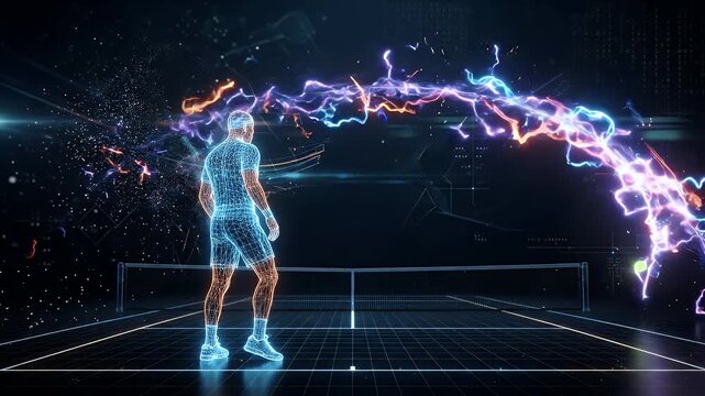 A futuristic wireframe tennis player is shown serving on a digital court. Energy arcs emanate from the server in a vibrant display of power.