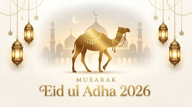 Golden Camel Silhouette Against Mosque Skyline for Eid al Adha Mubarak Celebration