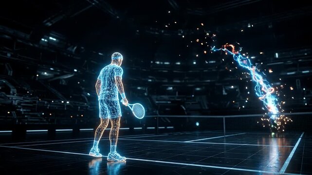 A futuristic wireframe tennis player is serving a ball with a burst of energy arc on a dark, modern-looking tennis court.