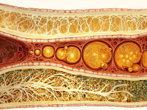 Human lymphoid tissue anatomy illustration showing splenic white pulp periarterial sheath B-cell follicle architecture vascular cross section in warm amber gold tones on white background