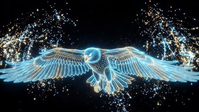 A glowing wireframe eagle with its wings spread is depicted against a black background. Light particles accent the wings and create a sparkling effect.