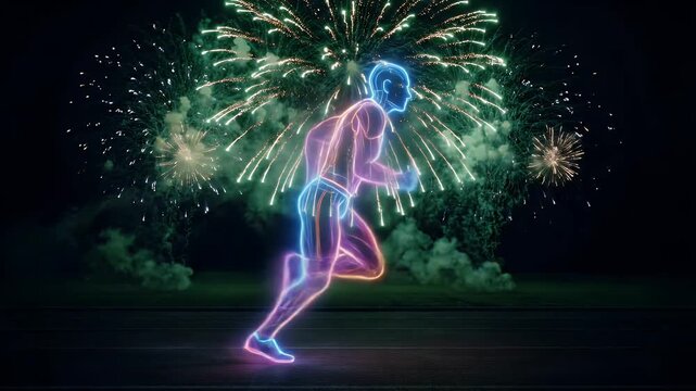 A wireframe silhouette of an athlete runs in profile, surrounded by colorful fireworks against a dark background. The athlete glows with neon colors, adding a futuristic and energetic feel.