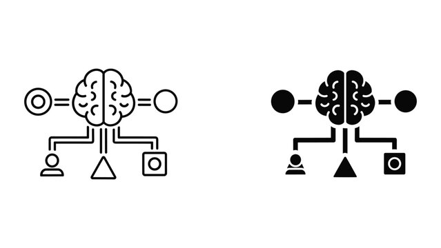 Brain with connected icons representing artificial intelligence and data flow on white background
