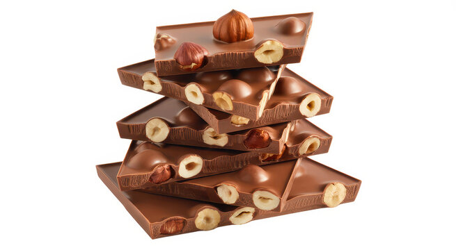 Stack of milk chocolate bars with whole roasted hazelnuts isolated on a plain white background