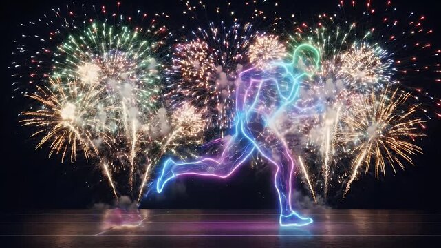 A wireframe silhouette of an athlete runs against a dark background illuminated by colorful fireworks. The runner's outline is defined by vibrant neon colors, creating a dynamic and energetic visual.