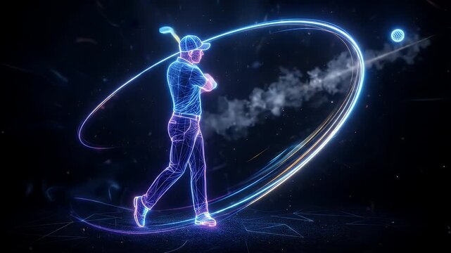This video showcases a wireframe golfer with a glowing neon outline completing a golf swing. The trajectory of the ball is visible as a bright, smoky trail against a dark background.