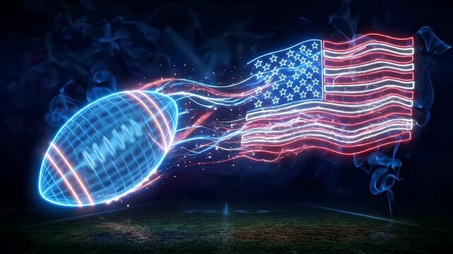 A neon wireframe football is shown transforming into a glowing American flag pattern. The graphic is set against a dark background with a hint of a football field.