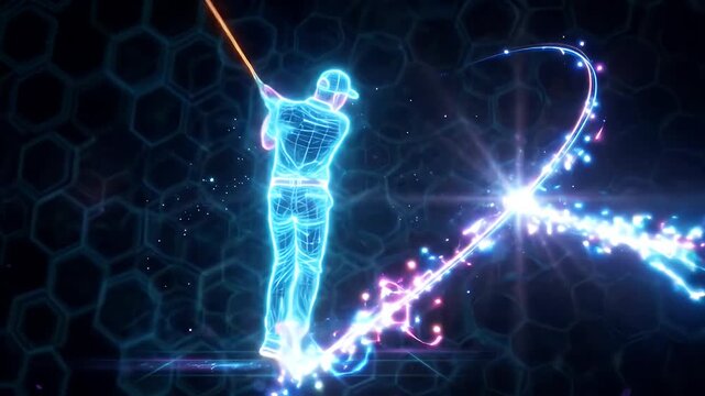 An animated neon wireframe of a golfer performing a swing with a glowing trajectory path behind the club. The dark background features a subtle geometric pattern.