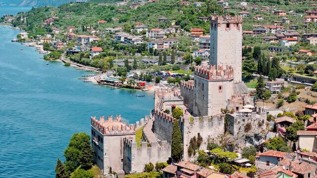 Scaliger Castle in Malcesine on Lake Garda. Popular travel destination with medieval fortress on cliff above lake and town