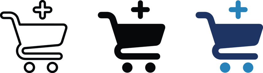 Add to cart vector icon variants in black and blue rounded flat style, editable ecommerce shopping symbol collection for online store apps and retail checkout interfaces © ArtMint