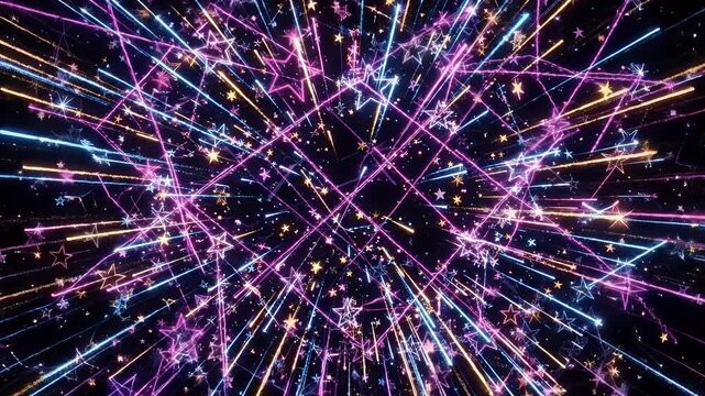 A burst of neon pink, blue, and yellow wireframe lines radiate outwards from a central point, interspersed with glittering star shapes, all set against a dark background.