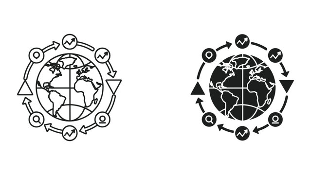 Black and white line art illustrations of a globe with arrows and icons around it in a circular motion on white background