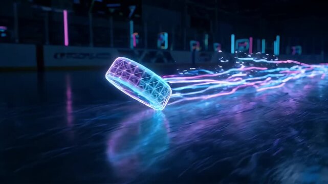 A neon wireframe hockey puck is shown sliding across a dark, reflective surface, leaving a trail of light streaks behind it.