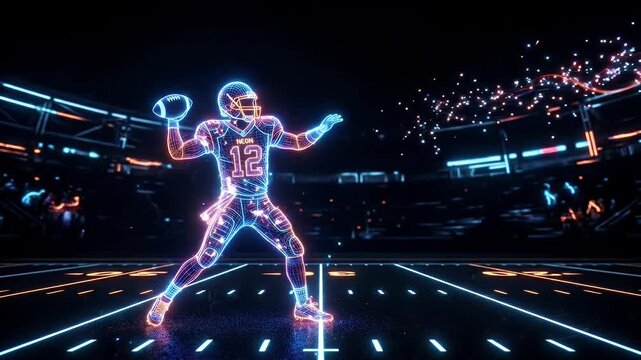 A futuristic American football scene with a neon wireframe quarterback throwing a pass with a light trail. The stadium is dark, with neon accents highlighting the field and stands.