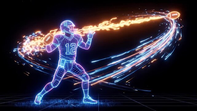 A quarterback video in neon wireframe is throwing a football, leaving behind a trail of light on a dark background.
