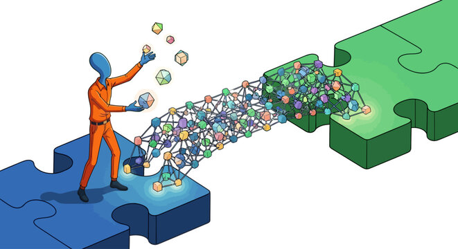 Professional Person Connecting Intricate Geometric Nodes to Bridge a Gap Between Large Puzzle Platforms Representing Strategic Success