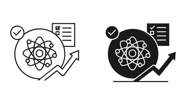 Black and white line icons depicting atomic structure with checkmarks and documents for science and education concepts isolated on white background