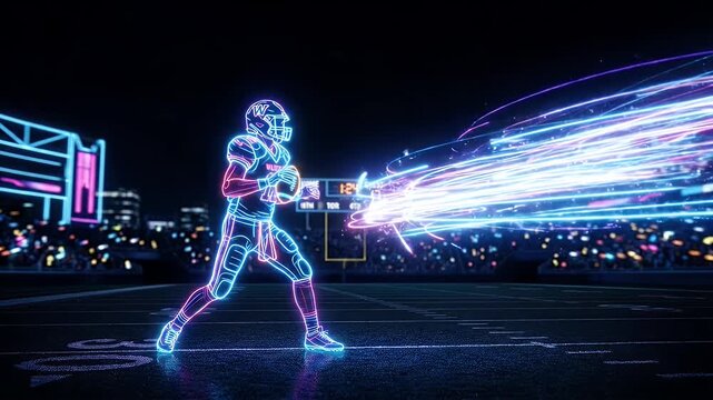An American football quarterback is depicted in a neon wireframe style throwing a pass with a light trail behind the ball. The scene is set in a stadium at night, with blurred crowd in the background.