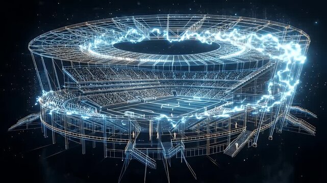 Cinematic reveal of a digital wireframe stadium structure against a black background, showcasing a detailed video of the stands, field, and overall architecture.