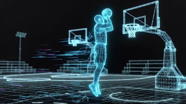 A digital wireframe animation shows a basketball player in motion during a fast break. Motion lines streak across the dark background to emphasize the speed and dynamism of the play.